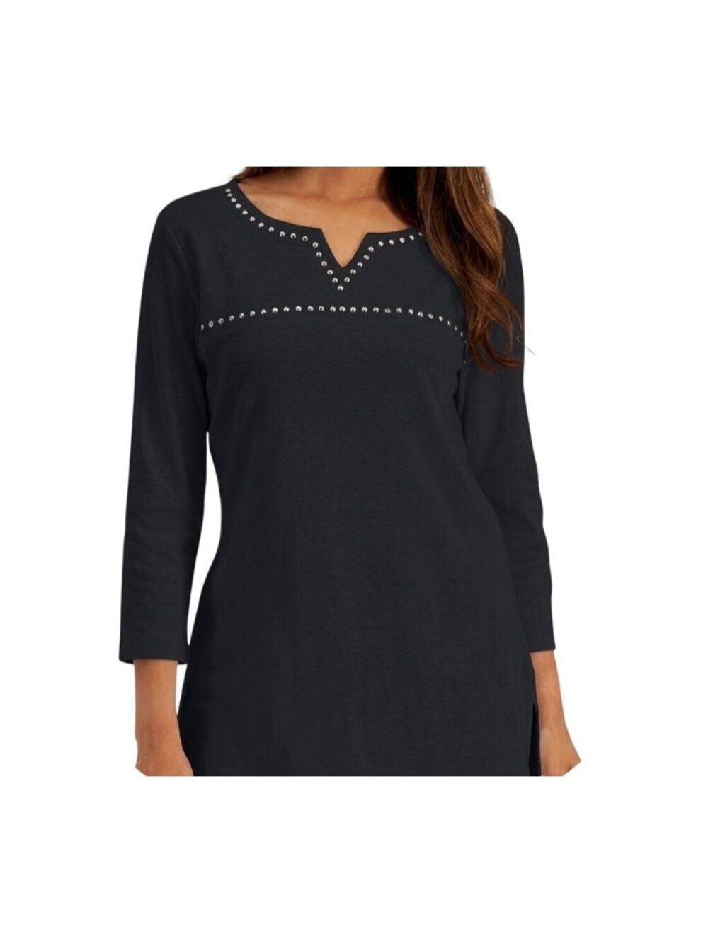 Karen Scott Tunic Top Large Embellished Cotton Split Neck 3/4 Sleeve Black NEW